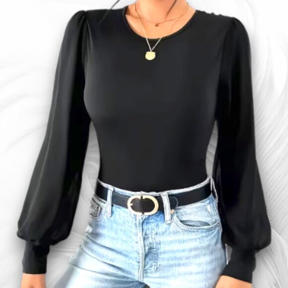 Black Long Sleeve Bodysuit With Sheer Puff Sleeves Size: L - Picture 2 of 7